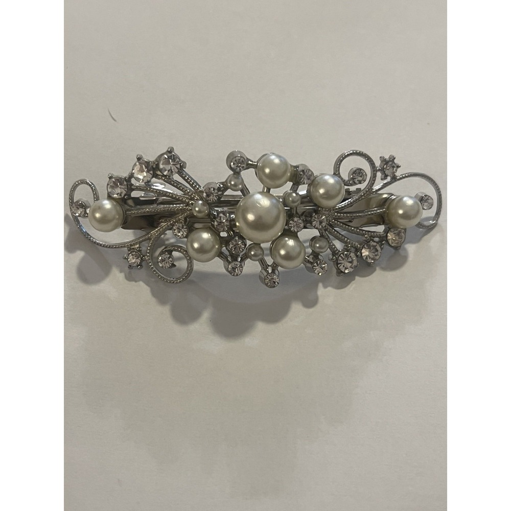 Vintage Simulated Pearl Clear Rhinestone Ornate Silver Tone Hair Barrette - Picture 8 of 9